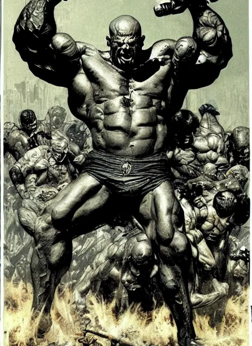 Prompt: mass monster martyn ford as the punisher lifting tiny man, dynamic action, by lawrence alma tadema and zdzislaw beksinski and norman rockwell and jack kirby and tom lovell and greg staples, arstation doom concept art