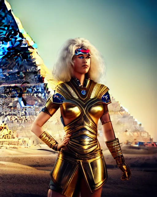 Prompt: girl exploring a pyramid, egyptian cyborg armor, white hair, atmosphere, gold, detailed, intricate, beautiful face, cinematic lighting, trending on artstation, blue eyes, 4 k, focused, extreme details, cinematic, masterpiece, by akihito tsukushi