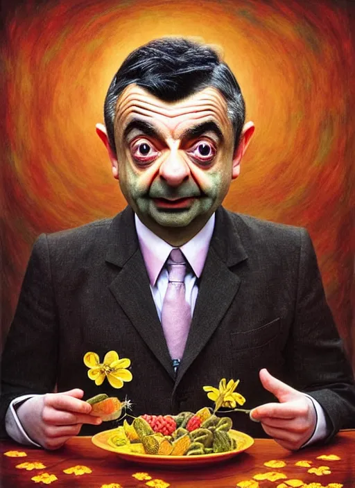 Image similar to hyper detailed 3d render like a Oil painting muted colors - slightly silly portrait of Rowan Atkinson crosseyed as Mr. Bean in Aurora seen Eating of the Strangling network of yellowcake aerochrome and milky Fruit and Her delicate Hands hold of gossamer polyp blossoms bring iridescent fungal flowers whose spores black the foolish stars by Jacek Yerka, Mariusz Lewandowski, Houdini algorithmic generative render, Abstract brush strokes, Masterpiece, Edward Hopper and James Gilleard, Zdzislaw Beksinski, Nicoletta Ceccoli, Wolfgang Lettl, hints of Yayoi Kasuma, octane render, 8k