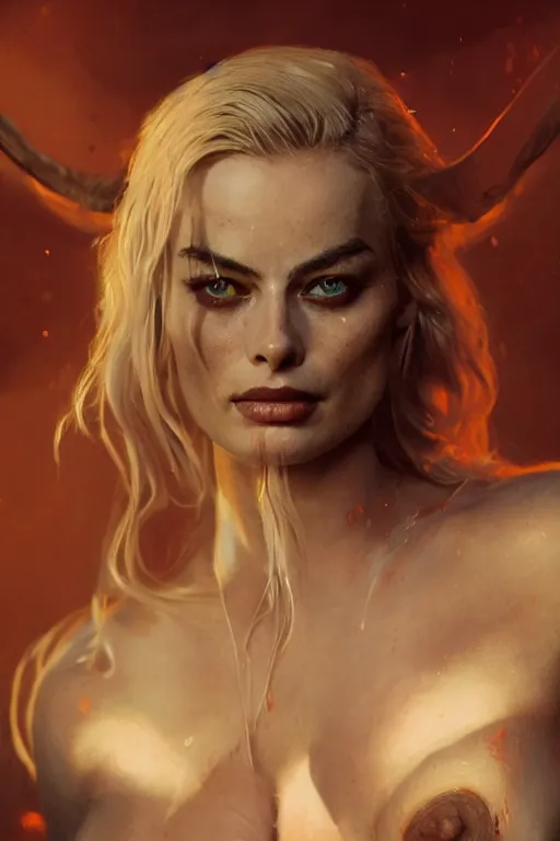 Image similar to a portrait of a very attractive Margot Robbie as a succubi by Greg Rutkowski, Sung Choi, Mitchell Mohrhauser, Maciej Kuciara, Johnson Ting, Maxim Verehin, Peter Konig, final fantasy , mythical, 8k photorealistic, cinematic lighting, HD, high details, atmospheric,