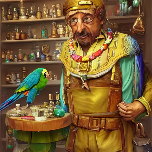 Image similar to Anthropomorphized parrot trader in his shop, selling his wares, portrait, items, gold, magic potions, carpet, window, sly expression , cunning expression, cute expression, long thick shiny gold beak, presenting wares, holding a gold bag, D&D, fantasy, cinematic lighting, highly detailed, digital painting, artstation, concept art, smooth, sharp focus, illustration, warm light, cozy warm tint, magic the gathering artwork, volumetric lighting, 8k, art by Akihiko Yoshida, Greg Rutkowski