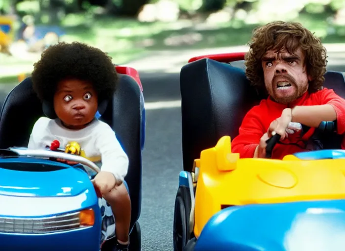 Image similar to peter dinklage racing emmanuel lewis driving a little tikes cars, movie still, from the new fast and furious movie, 8 k, realistic