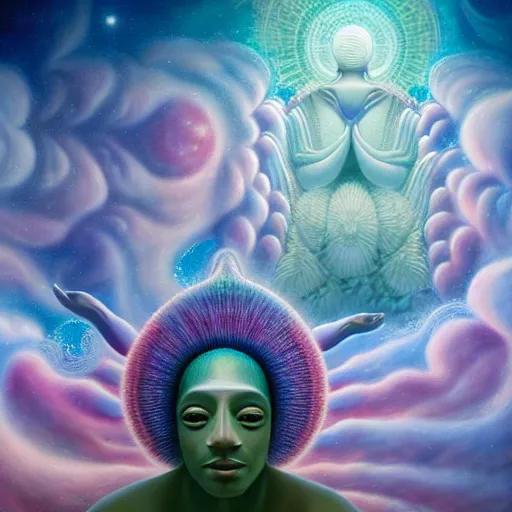 Image similar to obatala the cosmic god sitting in a cabana made of nebula clouds, by Adi granov and afarin sajedi and amanda sage and evgeni gordiets and Agostino Arrivabene in a psychedelic portrait style, ultrarealistic matte painting, volumetric lighting, fractal, extremely symmetrical, highly detailed face, orisha, 8k, hd