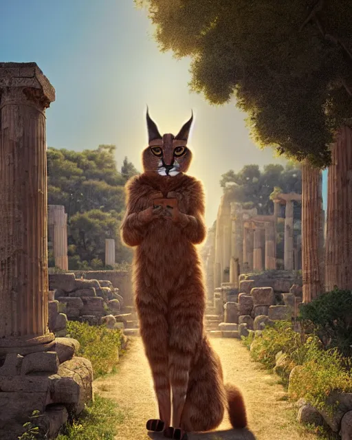 Image similar to fullbody photo of humanoid cute fluffy caracal dressed in toga, sun behind him, ancient greek city, sunny day, by ilya kuvshinov, rtx rendering, octane render 1 2 8 k, maya, extreme high intricate details by tom bagshaw, medium shot, composition by sana takeda, lighting by greg rutkowski