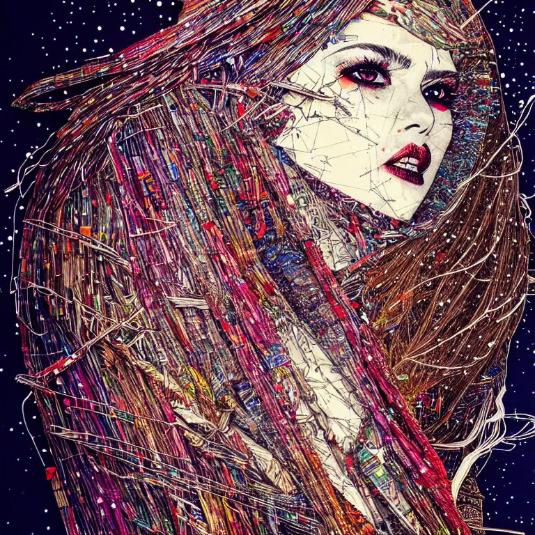 Prompt: nights falling wind is blowwing snow is pilling concept art in style of el anatsui and carne griffiths artwork by xsullo