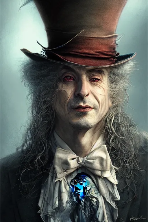 Image similar to mad hatter, portrait of a man, by wlop, by luis royo, by peter mohrbacher, concept art, digital illustration, intricate, masterpiece, elegant, super detailed, unreal engine rendering, smooth, sharp focus, artstation hq