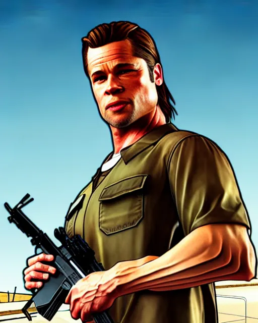 Prompt: gta 5, grand theft auto 5 cover art of brad pitt