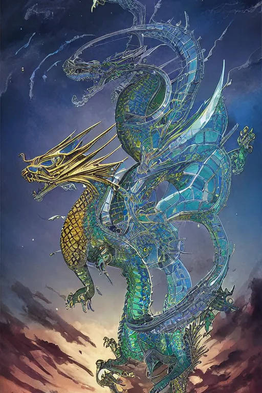 Prompt: a glass dragon containing the glimmering stairways to otherworldly galaxies, high intricate details, rule of thirds, golden ratio, cinematic light, anime style, graphic novel by fiona staples and dustin nguyen, by beaststars and orange, peter elson, alan bean, studio ghibli, makoto shinkai