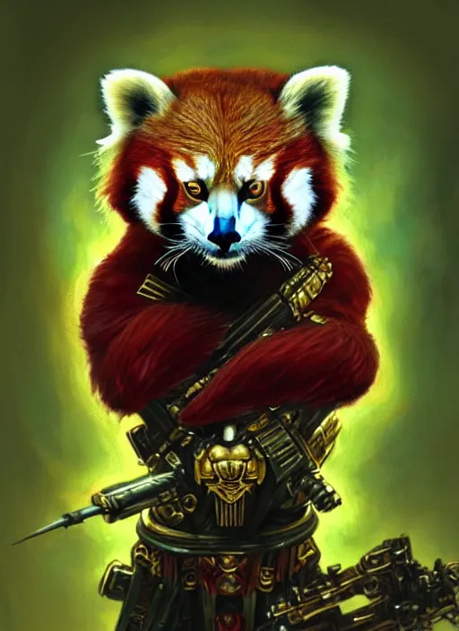 Image similar to red panda as warhammer 4 0 k emperor, gold, green leaf, trees, portrait, intricate, elegant, highly detailed, digital painting, artstation, concept art, wallpaper, smooth, sharp focus, illustration, art by h. r. giger and artgerm and greg rutkowski and alphonse mucha