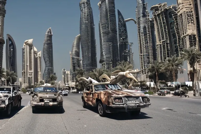 Image similar to cinematography dinosaurs in the streets of Abu Dhabi by Emmanuel Lubezki