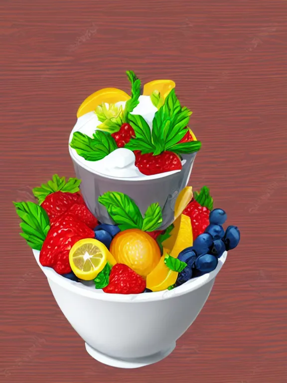 Prompt: miniature isometric diorama of yogurt with fruits, colorful