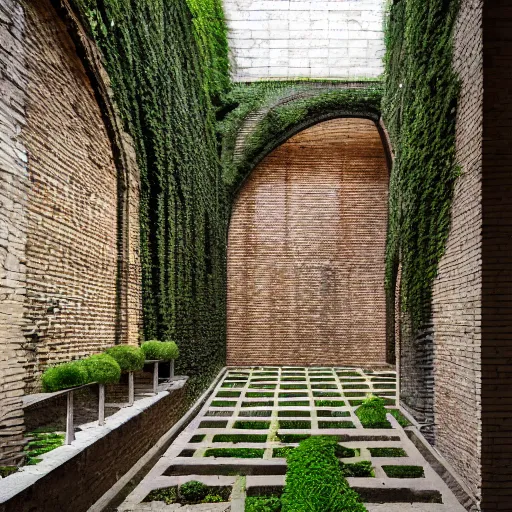 Prompt: courtyard complex of a labyrinthine monastary made of fractal resursively stacked bricks, fusion of carlo scarpa and thomas heatherwick, moss and ivy growing on the bricks, architectural photography