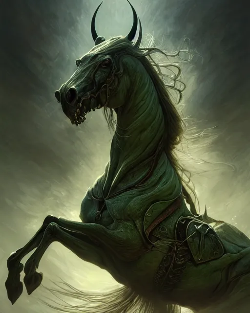 Image similar to concept art by artgerm, pestilence of the four horsemen of the apocalypse, soft green natural light, intricate, horse war, highly detailed dark art, digital painting, artstation, concept art, smooth, sharp focus, illustration, art by greg rutkowski and luis rollo and uang guangjian and gil elvgren, symmetry!