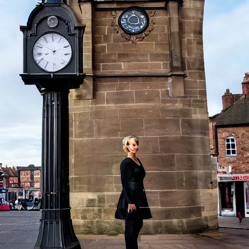 Image similar to A film still of Kaley Cuoco under the Eastgate clock in Chester. Behind her we see a black panther,70mm