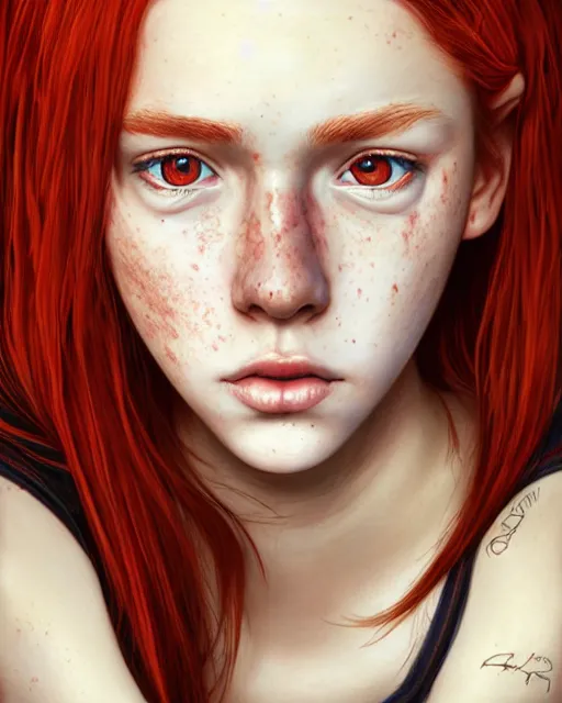 Prompt: portrait of 1 4 - year - old girl with flaming red hair, a lot of freckles, and bright brown eyes, wearing shirt, hyper realistic face, beautiful eyes, character art, art by mark brooks, hyperdetailed, cryengine, trending on artstation, digital art