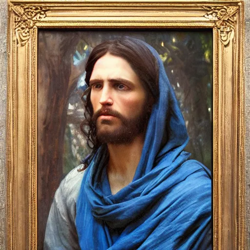 Prompt: photograph imax 8 k detailed and solomon joseph solomon and richard schmid and jeremy lipking victorian loose genre loose painting full length portrait painting of jesus