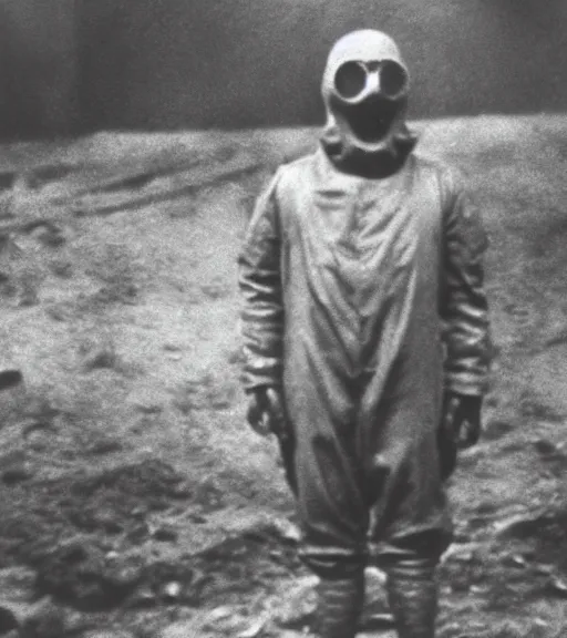 Prompt: man in a anti-radiation hazmat suit and gasmask in radioactive zone, ww1 film photo, grainy, high detail, high resolution