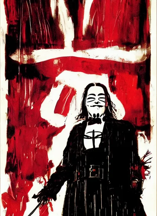 Image similar to v for vendetta ( 2 0 0 6 ) guy fawkes, by ashley wood, yoji shinkawa, jamie hewlett, 6 0's french movie poster, french impressionism, black red white colors, palette knife and brush strokes, dutch tilt