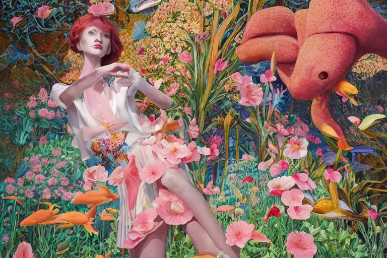 Image similar to pretty model surrounded by flowers, pelicans and goldfish : : by martine johanna and simon stalenhag and chie yoshii and casey weldon and wlop : : ornate, dynamic, particulate, rich colors, intricate, elegant, highly detailed, vogue, harper's bazaar art, fashion magazine, smooth, sharp focus, 8 k, octane render