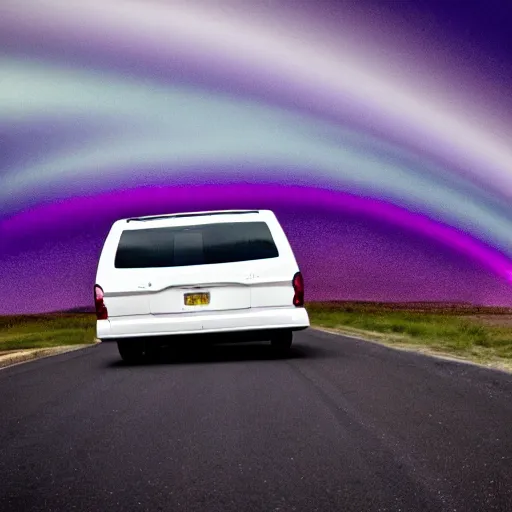 Image similar to white minivan driving away from a purple tornado