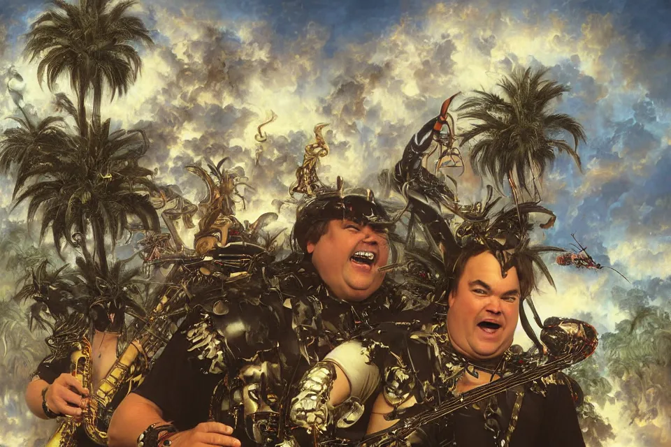 Image similar to an extreme close - up of jack black wearing gothic helmets playing with a giant insect surrounded by saxophones, palm trees, jungle fruit, volumetric light caustics kim keever clouds of pigment smoke, by hajime soryama, boris vallejo, bouguereau