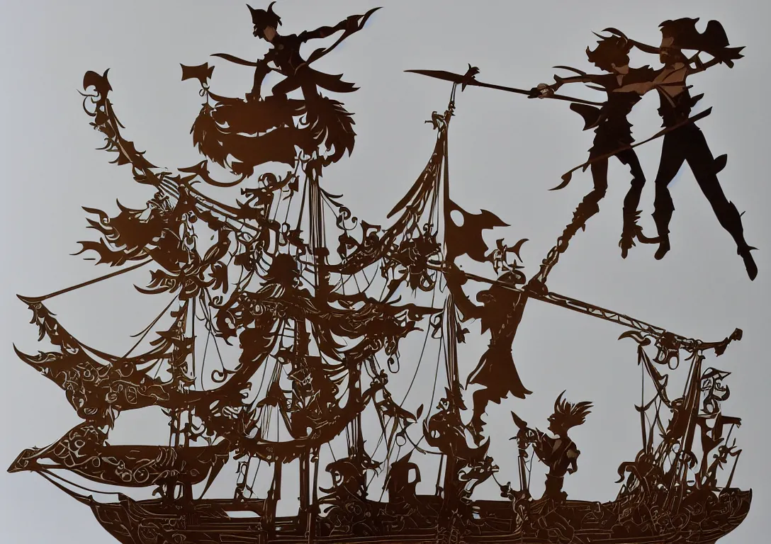 Image similar to a stylized cut paper sculpture of peter pan and captain hook swordfighting on a pirate ship