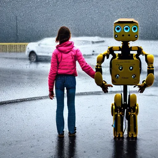 Prompt: a young girl and her tall humanoid robot going on a trip together, near a gas station, raining, detailed, cinematic, cinematic lighting, by Simon Stalenhag