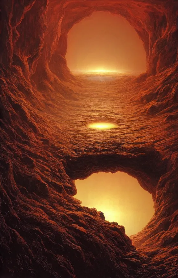 Prompt: enormous portal into godhood created by primordial demiurge flickers omniously on a barren hellish exoplanet, philosophical concept illustrated by James Gurney and Zdzislaw Beksinski and Dariusz Zawadski, dramatic lighting, ultra HD, HDR, 8k