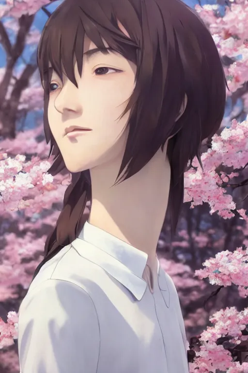 Image similar to a beautiful charming and dreamlike japanese boy in white shirt, sakura background, character art, art by makoto shinkai, artgerm lau and kyoung hwan kim and and ilya kuvshinov and john singer sargent, hyperdetailed, 8 k realistic, symmetrical, frostbite 3 engine, cryengine, dof, trending on artstation, digital art