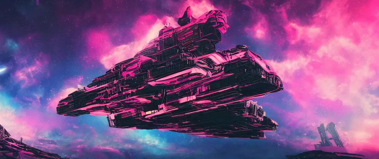 Image similar to space, hyperdetailed illustration, portrait big dark dog, neon ship, mohawk, stars, pink, neon, oil painting, rich deep colors masterpiece, pirate neon ship, ultra detailed, contrast, heaven pink, clouds, volumetric light, atmospheric lighting, dramatic, cinematic, moody, octane render 4 k, 8 k