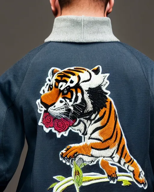 Prompt: photo back of a man wearing baseball jacket with a big japanese tiger and flowers embrodery, dark hangar background, centered, studio lighting, 1 5 0 mm