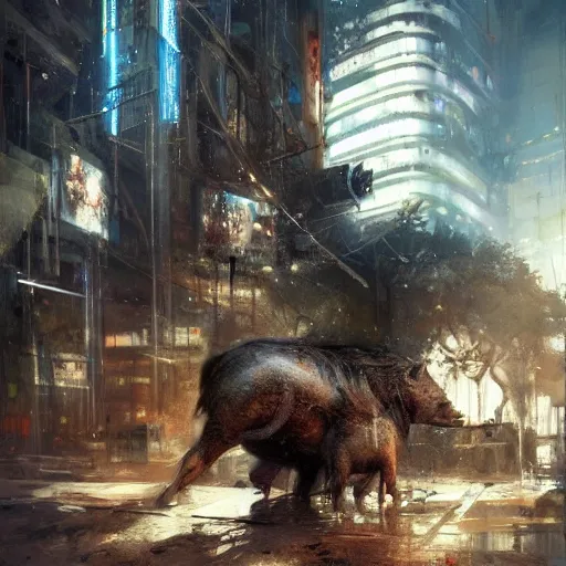 Image similar to a wild boar, painting by Raymond Swanland, cyberpunk, sci-fi cybernetic implants hq, Cadaques