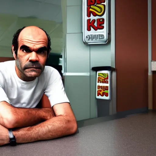 Prompt: Trevor Philips sitting at a burger king