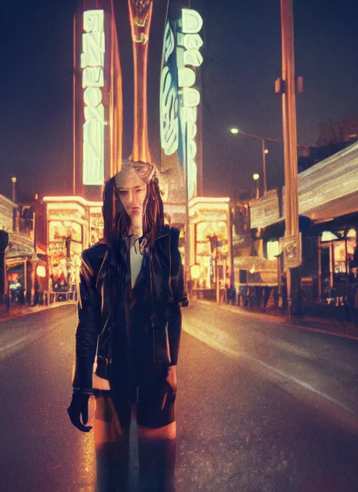 Image similar to 35mm kodak portra portrait of a darkwave vampire on the Las Vegas strip at night by tom bagshaw, cinematic, high detail, octane render, 8k highly professionally detailed, trending on artstation, CGsociety, HDR, concept art