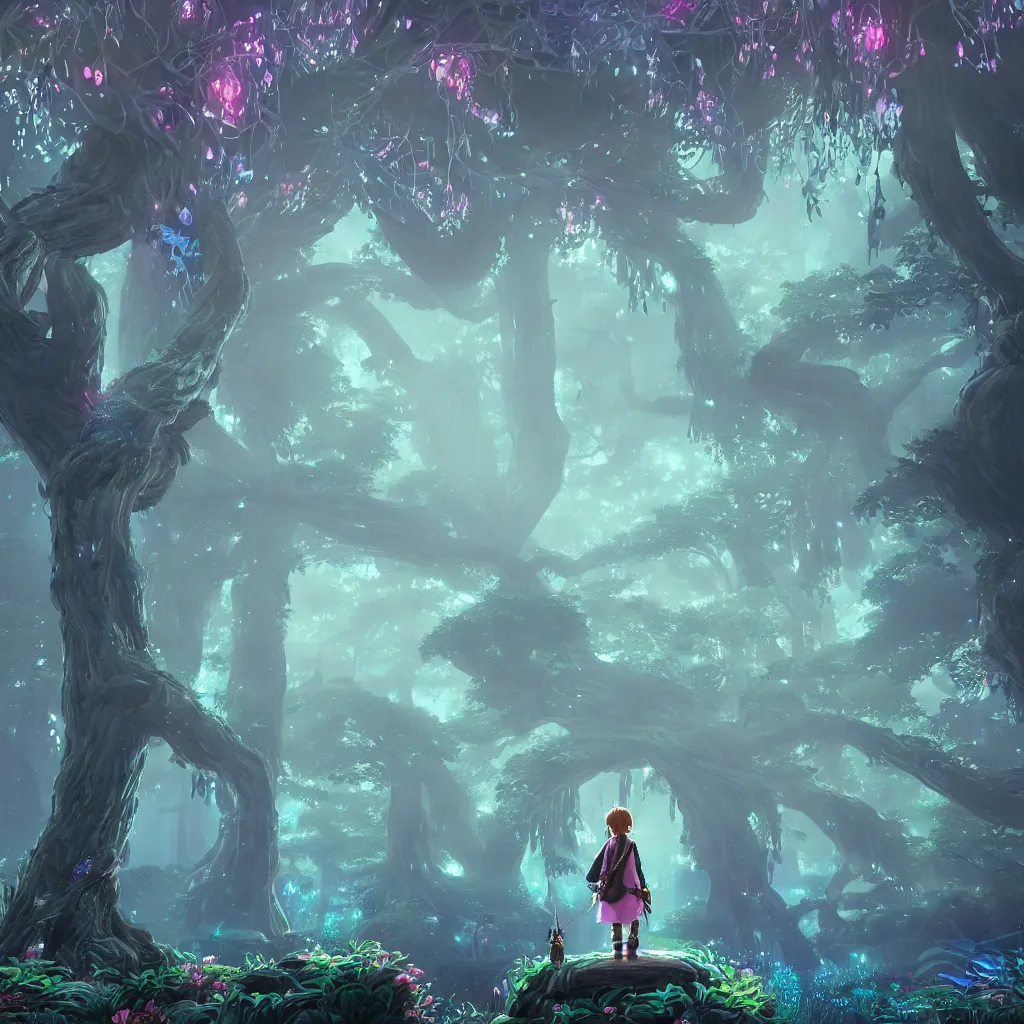 Image similar to huge trees and lanterns, misty nighttime. radiating rich energy. photorealistic, moody atmosphere, volumetric shading, holographic dreamlike, intricate and detailed, vivid colors. ori and the blind forest, breath of the wild style, by miyazaki ghibli!!!. trending on artstation. award winning, daily deivation. pastel!! pink accents.