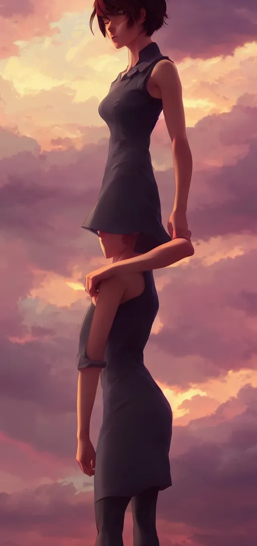 Image similar to a beautiful british woman with short brown hair, gentle, somber amber eyes, standing on a rooftop, storm in the distance, basic clothing, digital art by makoto shinkai ilya kuvshinov and wojtek fus, digital art, concept art,