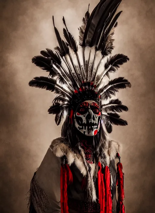 Image similar to the ghost - spirit of the grim - warpaint wears the scarlet skull armor and native blood headdress feathers, midnight fog - mist!, realism, cinematic lighting, various refining methods, micro macro autofocus, ultra definition, award winning photo