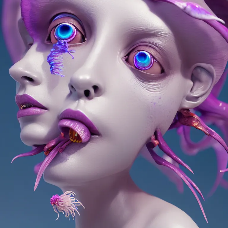 Image similar to goddess full painted acryllic sculpture close-up portrait. orchid bird phoenix jellyfish betta fish, intricate artwork by Tooth Wu and wlop and beeple. octane render, trending on artstation, greg rutkowski very coherent symmetrical artwork. cinematic, hyper realism, high detail, octane render, 8k