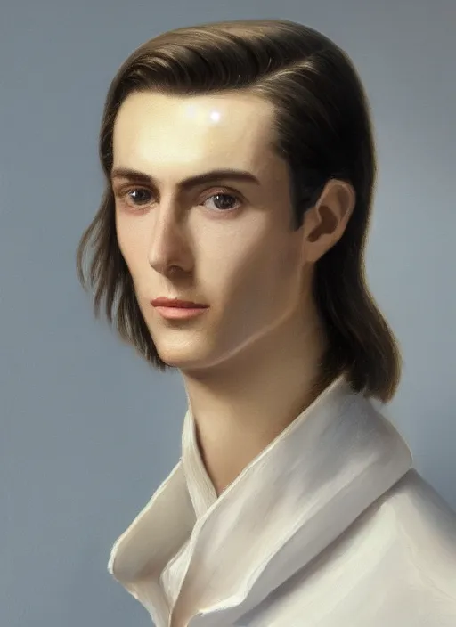 Image similar to a very skinny young white male close-up portrait of young white male, with long dark brown slicked back hair shoulder length slicked back hair, with pearl necklace and pearl earing, in the museum, in white turtleneck shirt, Tarzan, painting in the museum, highly detailed, sharp focus, digital painting