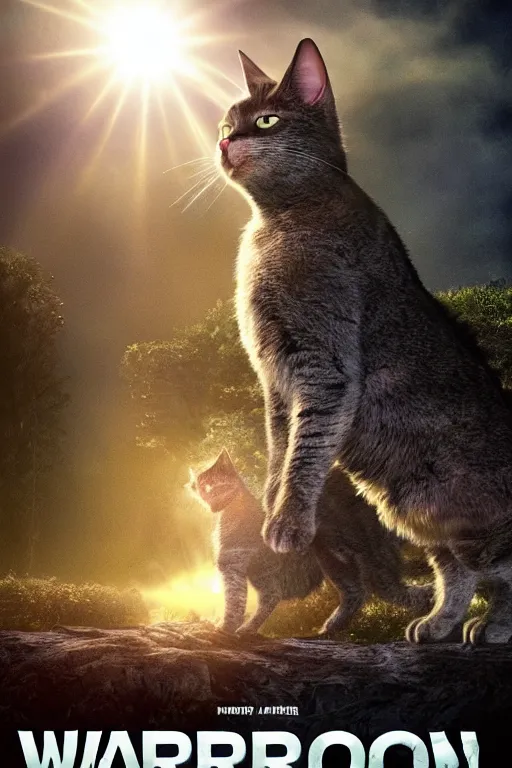 Image similar to a movie poster for warrior cats, depth of field, sun flare, hyper realistic, very detailed, backlighting, cgi, by wayne mclouglin