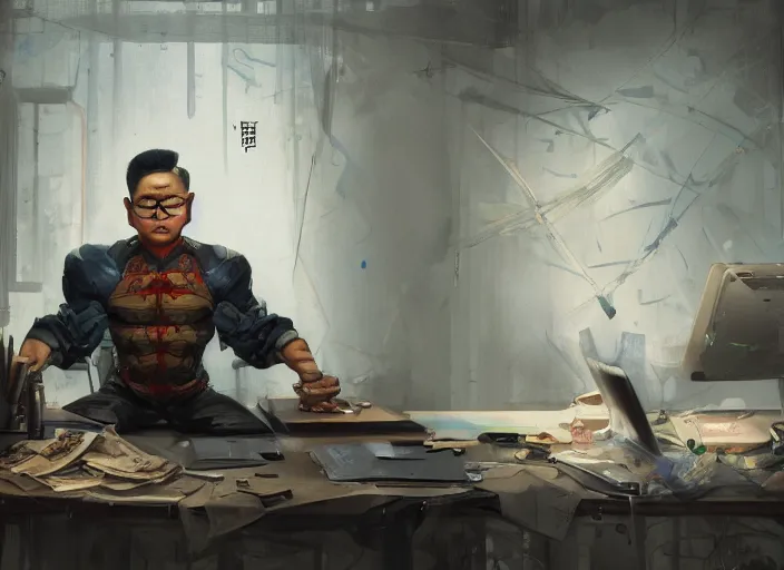 Image similar to an insanely detailed painting of an asian man wearing a homemade superhero costume, sitting at a desk, staring seriously at the computer and typing, in the style of peter mohrbacher, james jean, ruan jia, dramatic lighting and composition, surreal background, octane render, pixar, trending on artstation, concept art, comic book, view from behind, 8 k