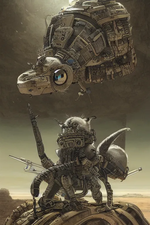 Image similar to anthropomorphic rodent with white and black ancestral ornate japanese tactical gear on an abandonment desert planet, high intricate details, long shot, rule of thirds, golden ratio, graphic novel by fiona staples and dustin nguyen, by beaststars and orange, peter elson, alan bean, studio ghibli, makoto shinkai