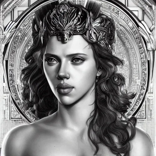 Prompt: Scarlett Johansson as a Greek Godess, cute, fantasy, intricate, elegant, highly detailed, centered, digital painting, artstation, concept art, smooth, sharp focus, illustration, art by artgerm and H R Giger and alphonse mucha