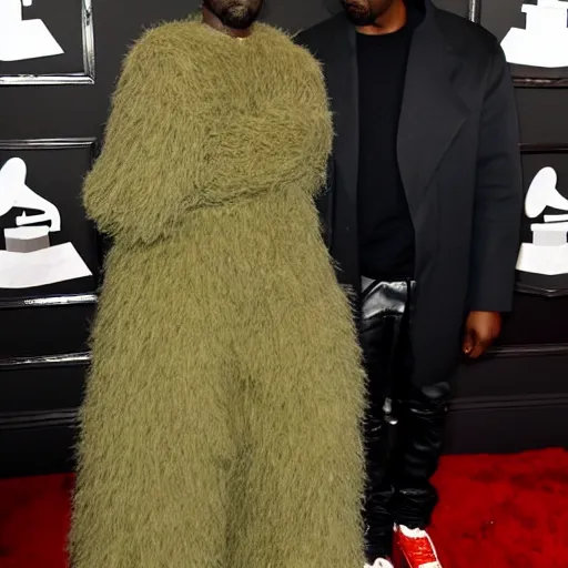 Image similar to kanye west at the grammys in an avocado costume, red carpet photo