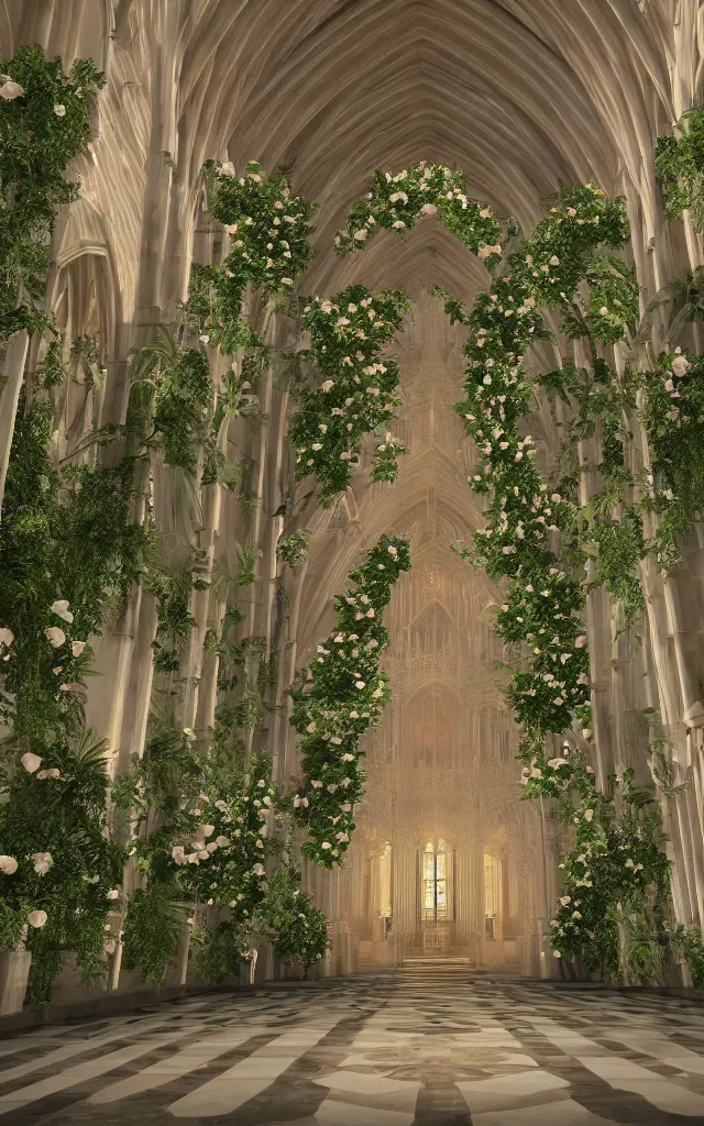 Prompt: beautiful grand cathedral interior with!! koi pond!! in the! middle! surrounded by palm trees, ivy,!! flowers!!, ( tropical plants ),!! roses!!, and with archways, rendered in octane render with photorealistic volumetric cinematic lighting, wide angle, horizontal symmetry, symmetrical! 8 k