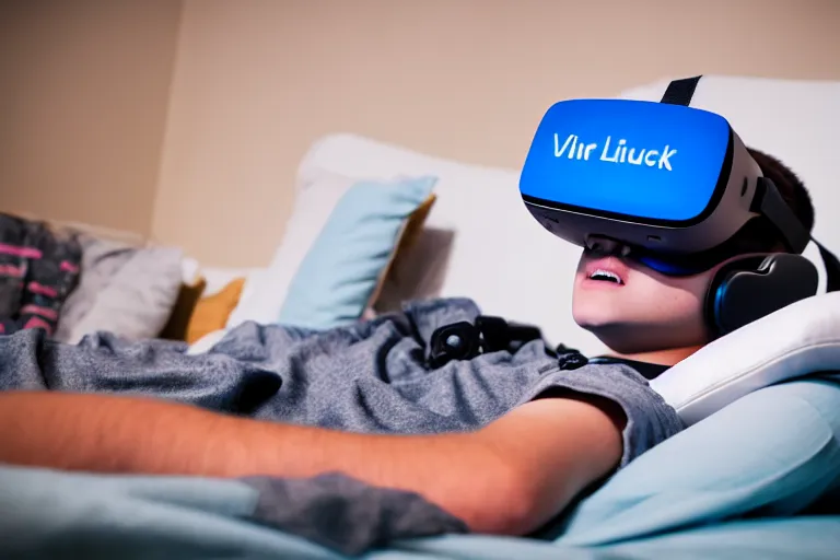 Prompt: A stock photo of a teenage boy laying in bed with a bunch of stuff wearing a VR-headset, featured on flickr, cluttered room