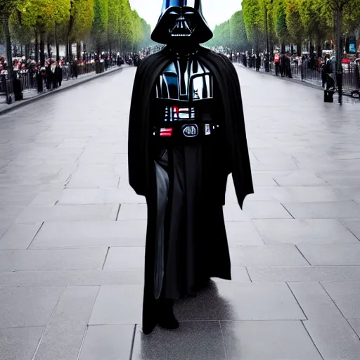 Image similar to Sith lord walking down the avenue des champs elysée, hyper-realistic, 8K HDR.