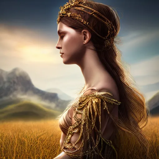 Image similar to a radiant greek mythology goddess walking in a beautiful field, mountains in the distance, medium shot, jewelry, crown, confident, gorgeous, stunning, dramatic lighting, detailed, very realistic, trending on Artstation, Cgsociety