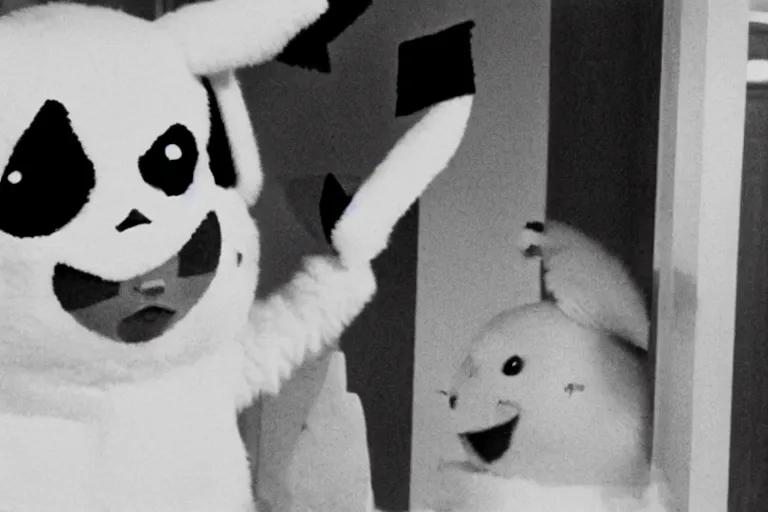 Image similar to Jack Nicholson dressed up in costume of Pikachu, still from the film by Stanley Kubrick