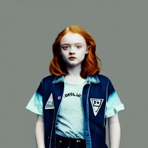 Image similar to sadie sink, portrait with buzzcut hair and city background, dieselwave clothing, dieselwave background aesthetic